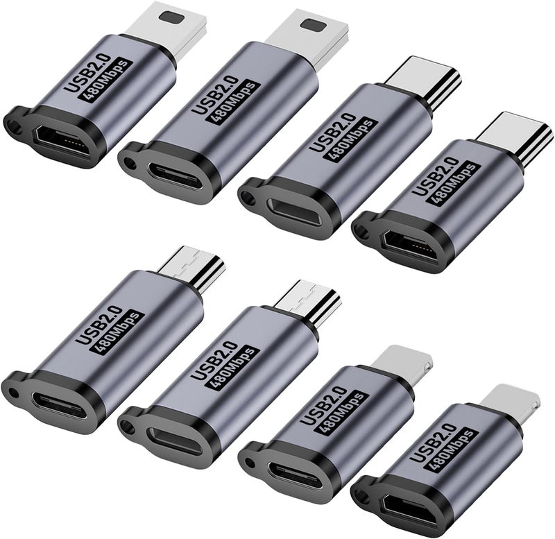 Jadebones USB C to Micro USB/Mini USB/Lighting Adapter, Light-ning to USB C/Micro USB Converter, Micro USB 2.0 to Type C/Lighting/Mini USB Connector (8 Pack) - Image 1